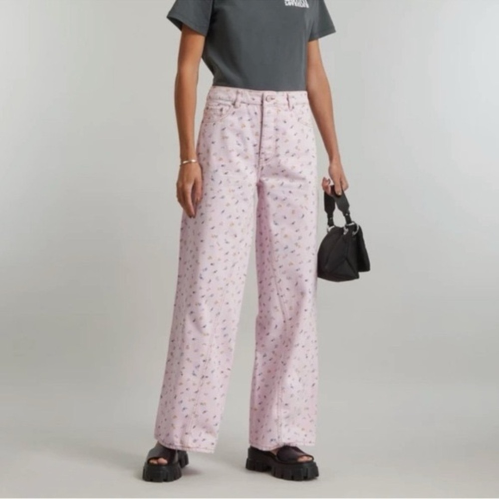 Ganni Pink Floral-Embroidered Jeans